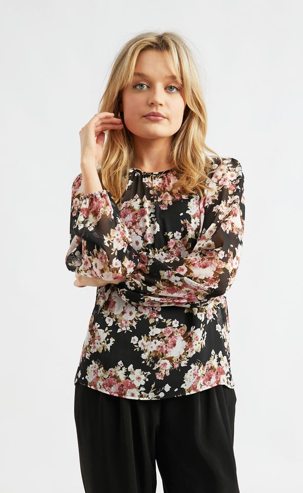 Chiffon Ruched Neck LS Top Black/floral