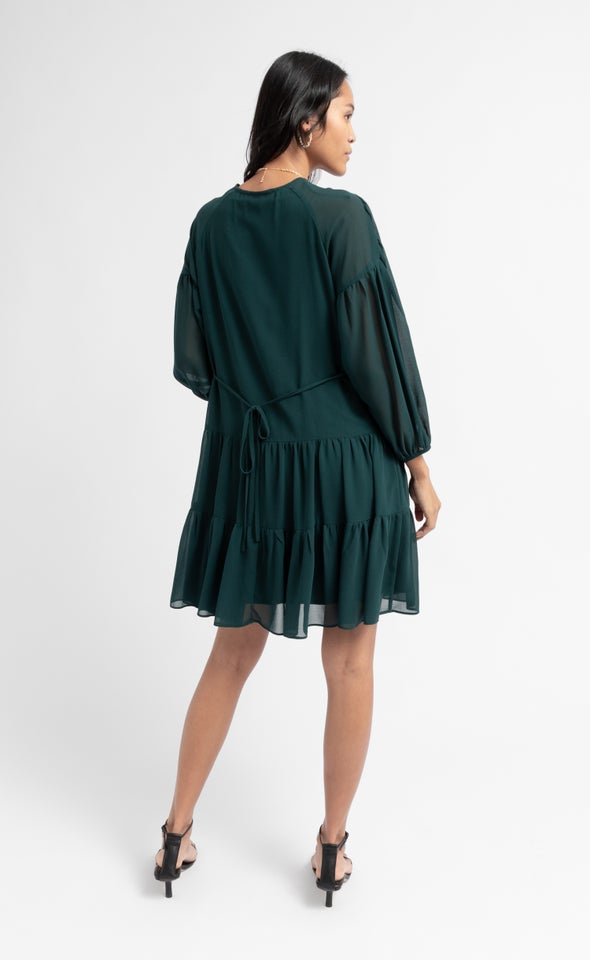 Chiffon Ruched Tier LS Dress Dark Emerald
