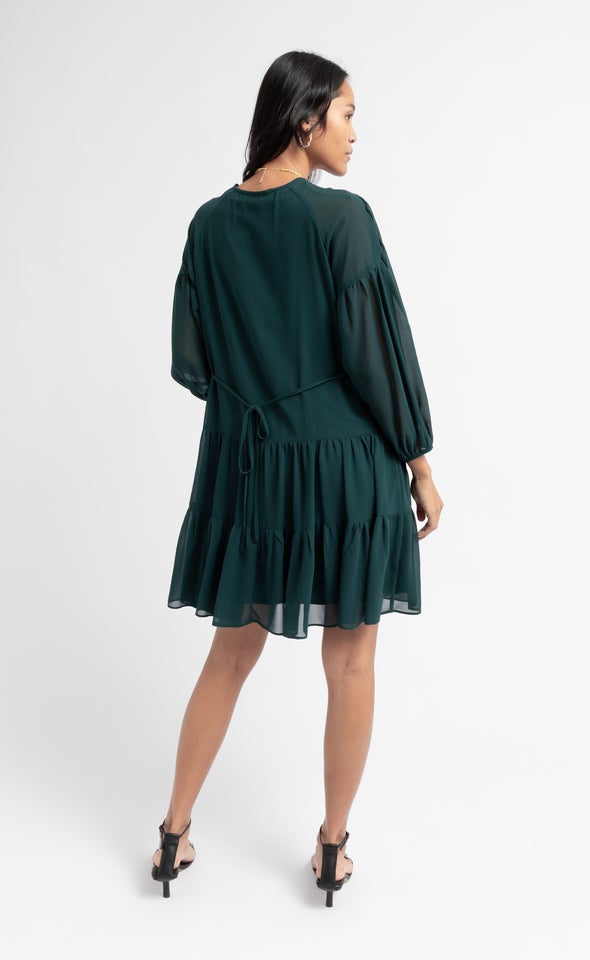 Chiffon Ruched Tier LS Dress Dark Emerald