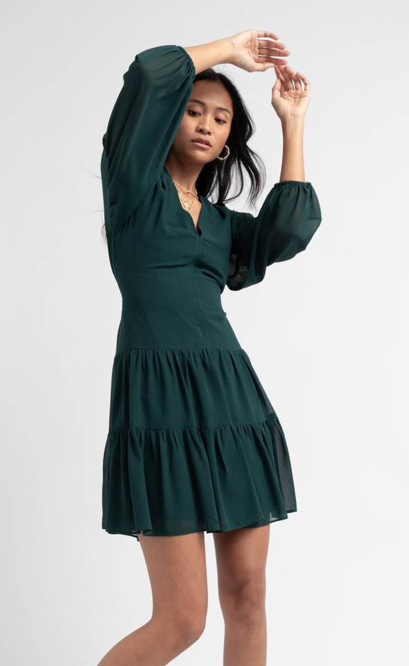Chiffon Ruched Tier LS Dress Dark Emerald