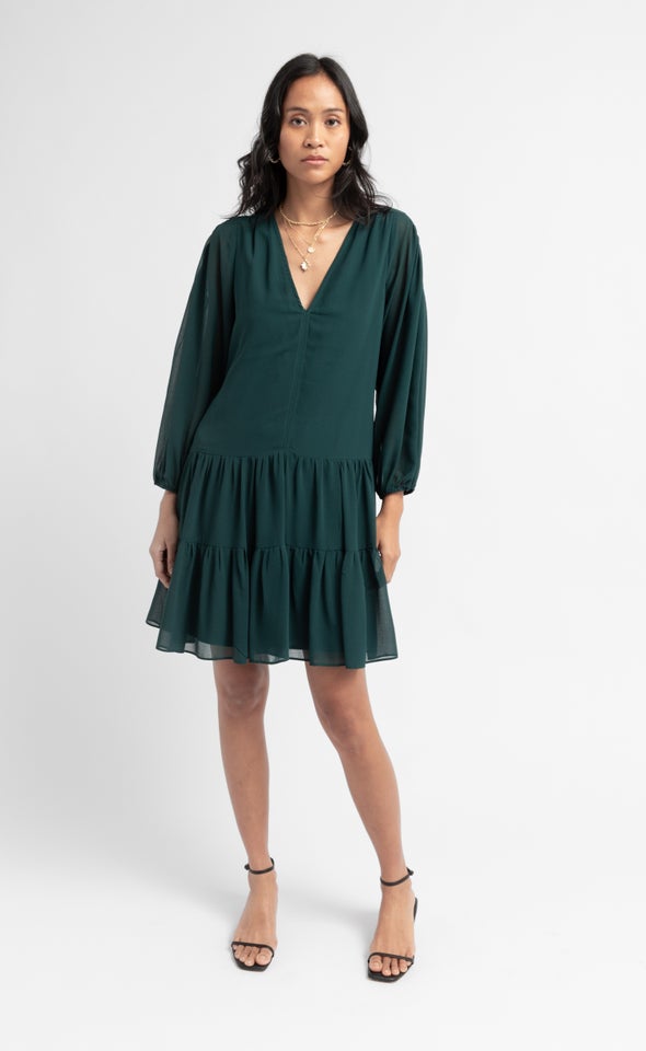 Chiffon Ruched Tier LS Dress Dark Emerald