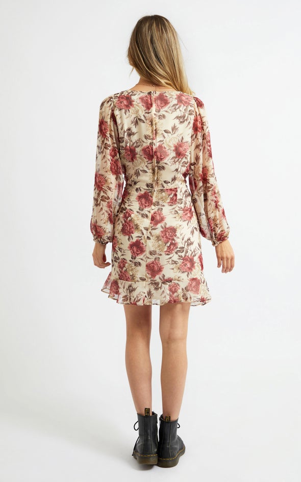Chiffon Ruching Detail Wrap Dress Beige/floral