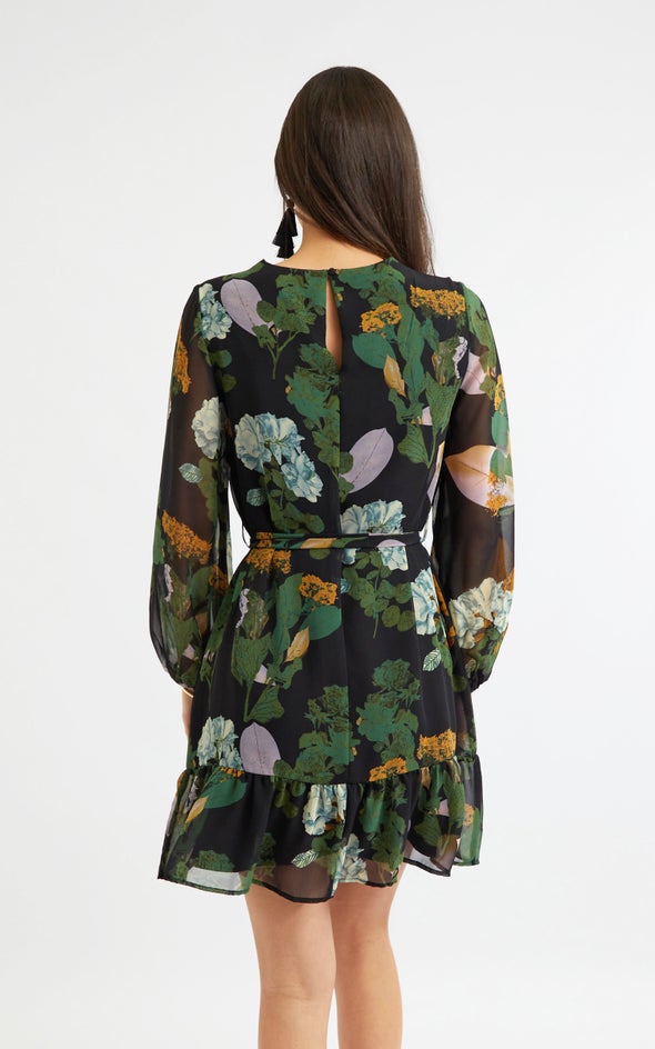 Chiffon Ruffle Hem LS Dress Black/floral