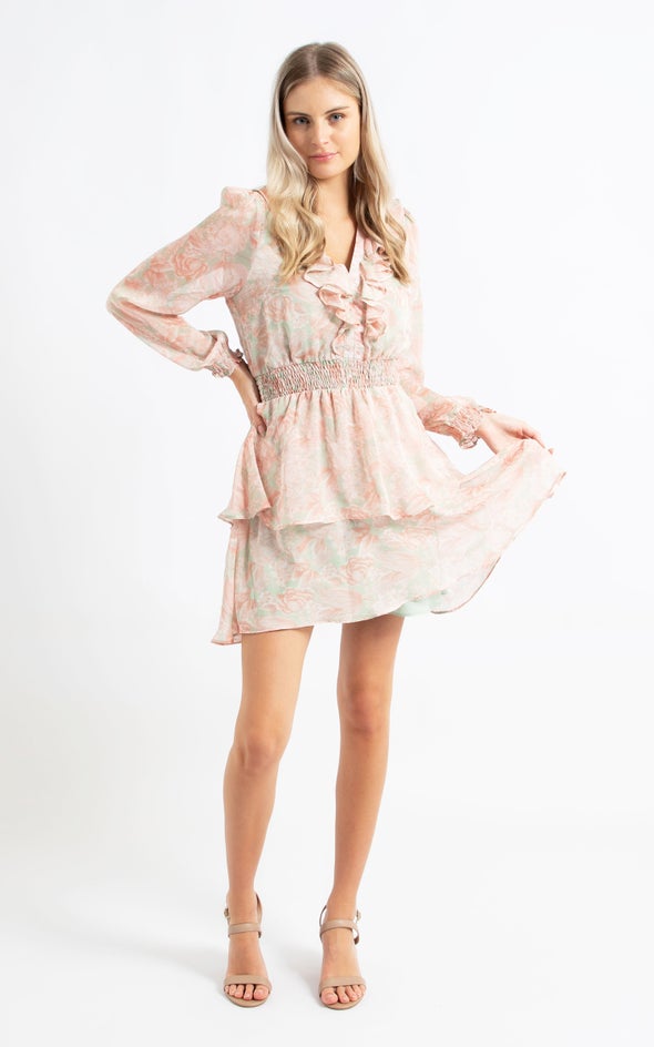 Chiffon Ruffle Neck Shirred Dress Sage/blush