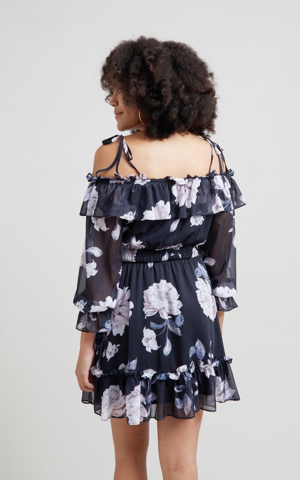 Chiffon Ruffle Off Shoulder Dress Black/floral