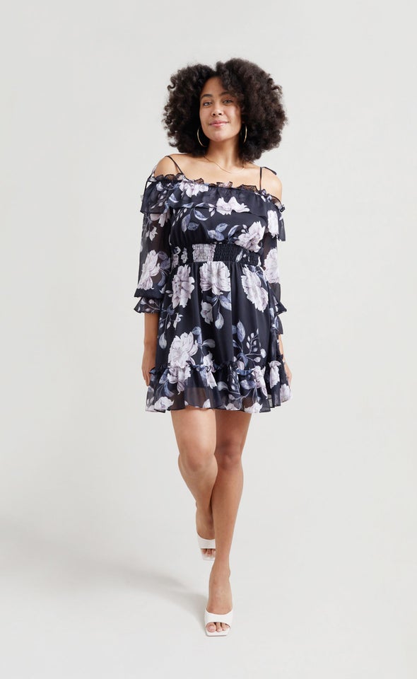 Chiffon Ruffle Off Shoulder Dress Black/floral