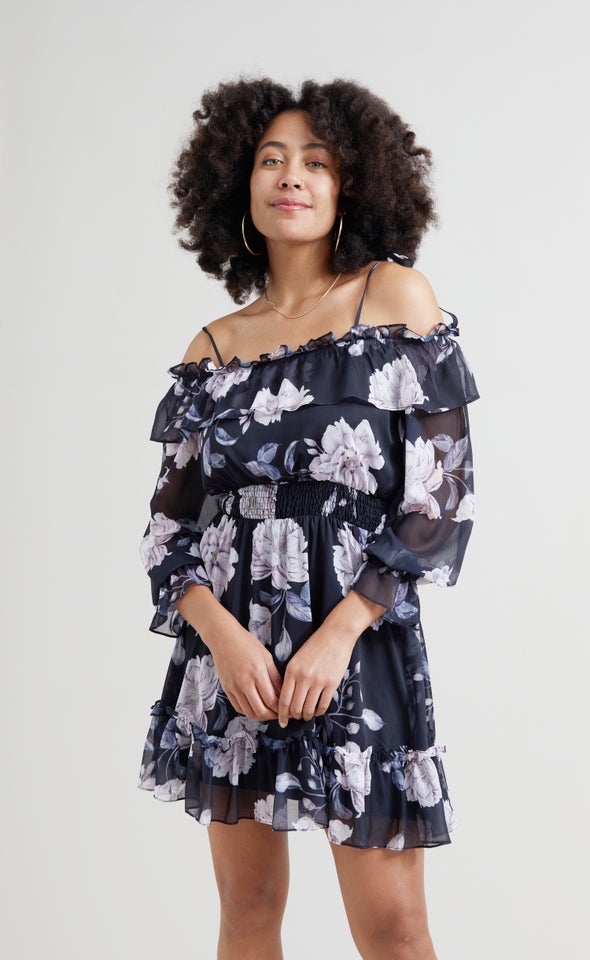 Chiffon Ruffle Off Shoulder Dress Black/floral