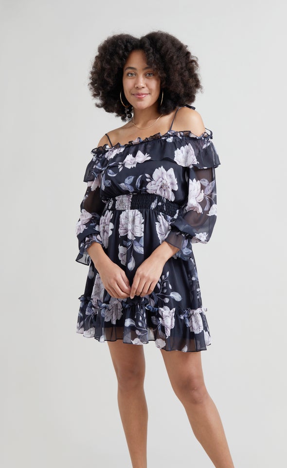 Chiffon Ruffle Off Shoulder Dress Black/floral