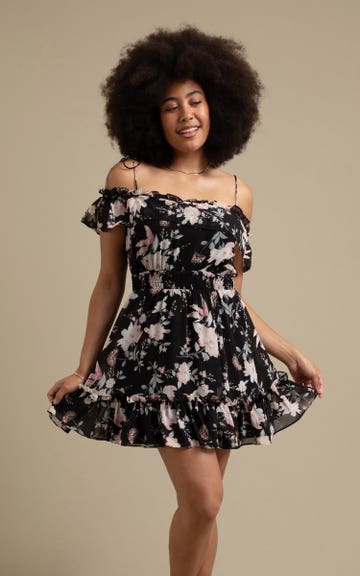 Shop our Chiffon Ruffle Off Shoulder Dress in Black/pink floral