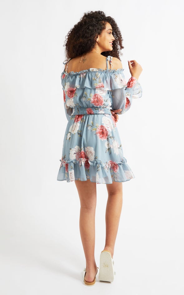 Chiffon Ruffle Off Shoulder Dress Blue/floral