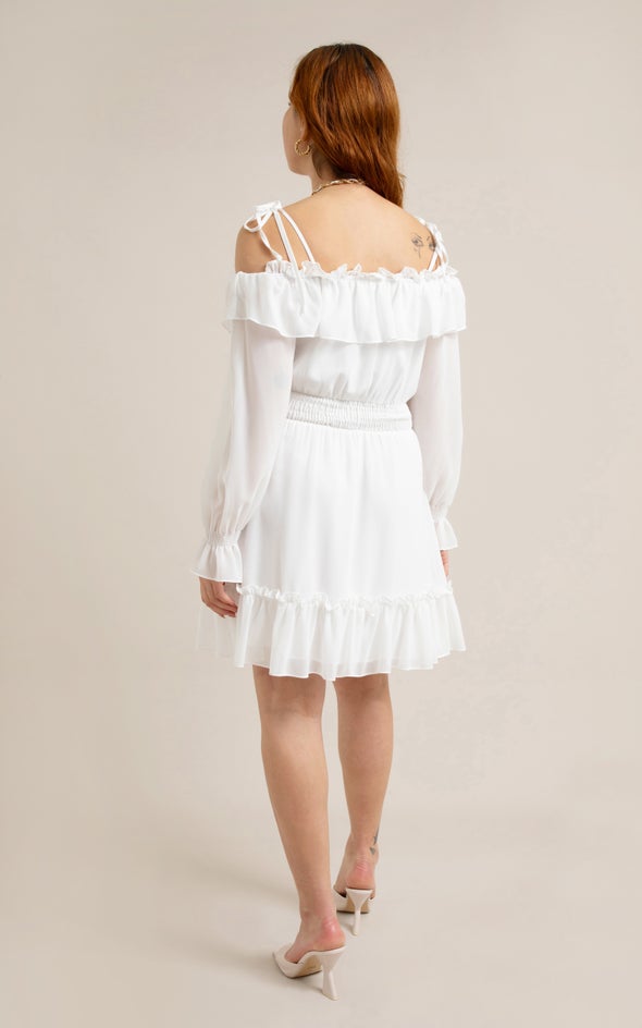 Chiffon Ruffle Off Shoulder Dress Cream