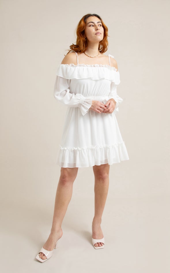 Chiffon Ruffle Off Shoulder Dress Cream