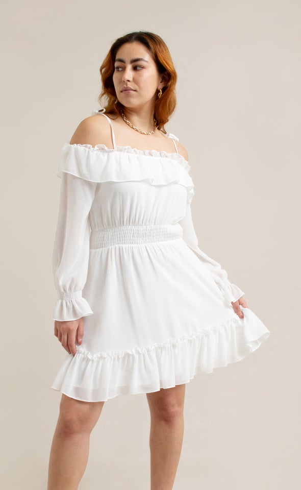 Chiffon Ruffle Off Shoulder Dress Cream