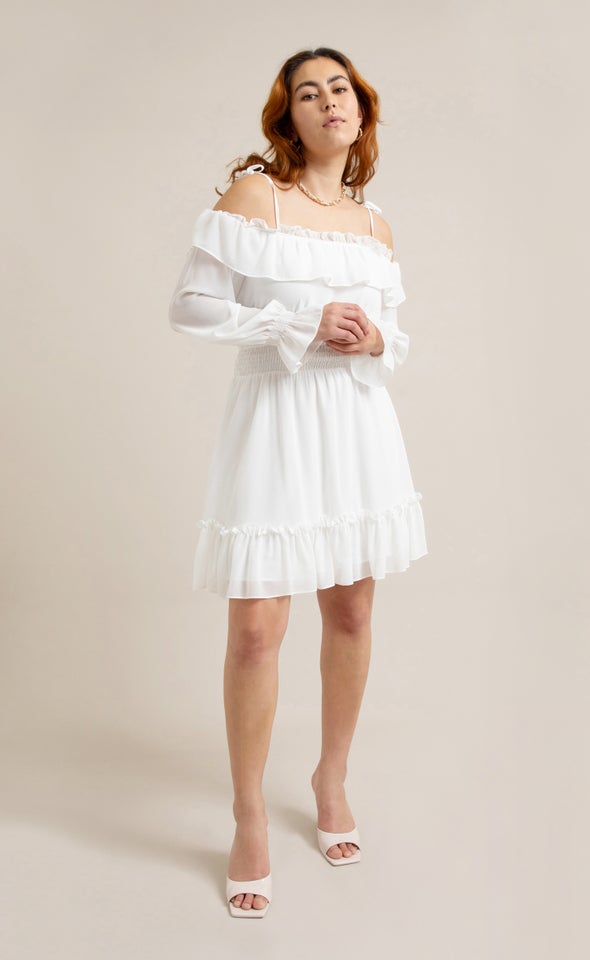 Chiffon Ruffle Off Shoulder Dress Cream
