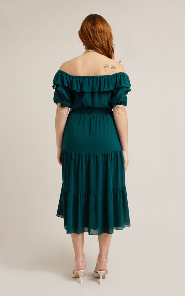 Chiffon Ruffle Off Shoulder Dress Emerald