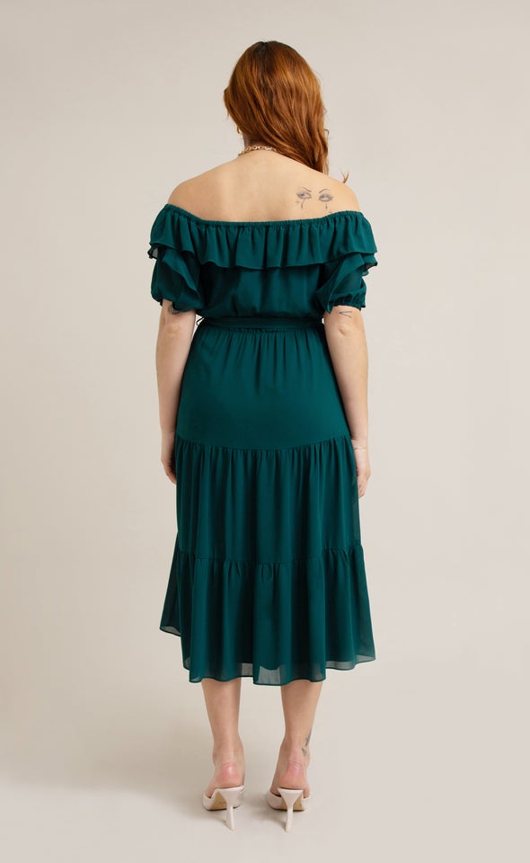 Chiffon Ruffle Off Shoulder Dress Emerald