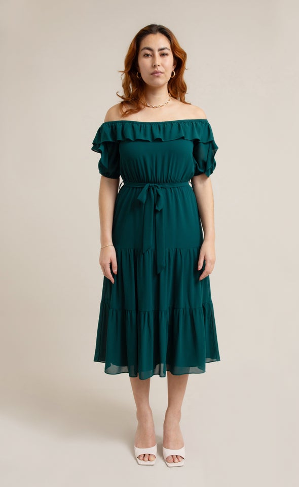 Chiffon Ruffle Off Shoulder Dress Emerald