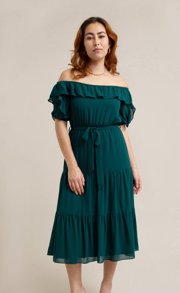 Chiffon Ruffle Off Shoulder Dress Emerald