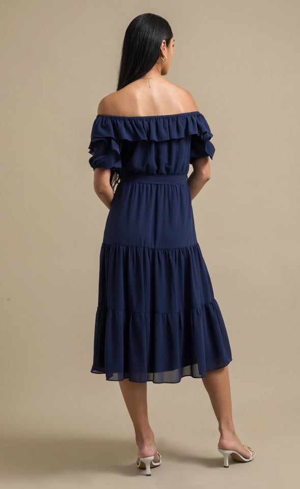 Chiffon Ruffle Off Shoulder Dress Navy