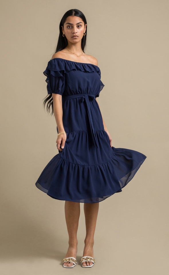 Chiffon Ruffle Off Shoulder Dress Navy