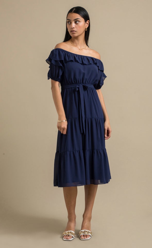 Chiffon Ruffle Off Shoulder Dress Navy