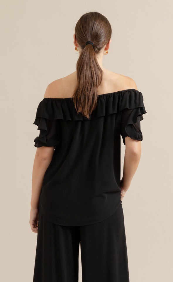 Chiffon Ruffle Off Shoulder SS Top Black