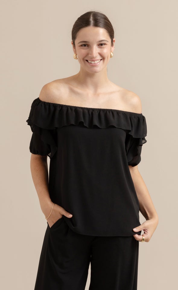 Chiffon Ruffle Off Shoulder SS Top Black