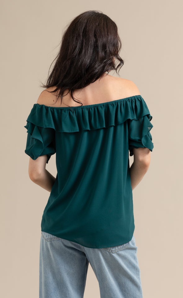 Chiffon Ruffle Off Shoulder SS Top Emerald