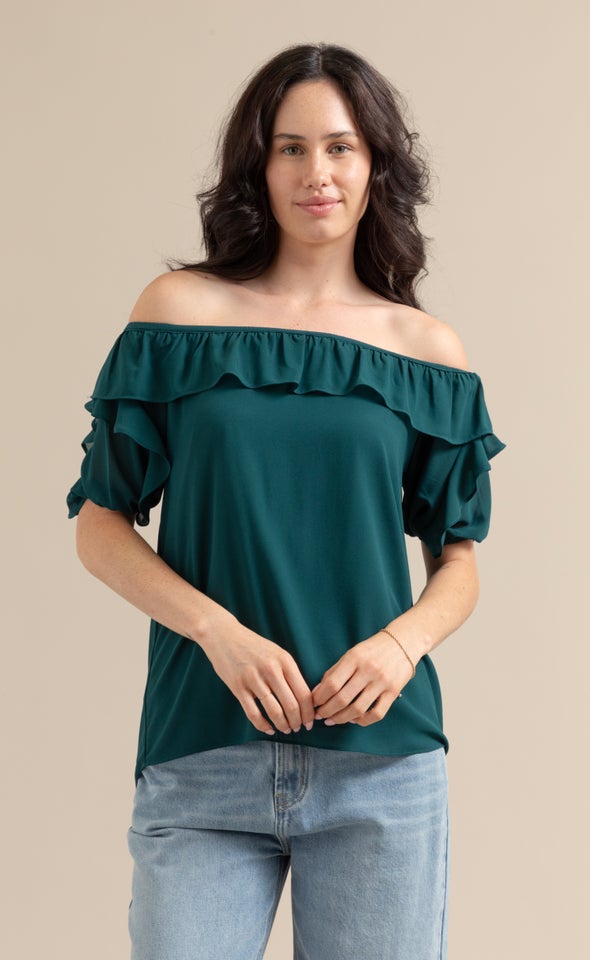 Chiffon Ruffle Off Shoulder SS Top Emerald