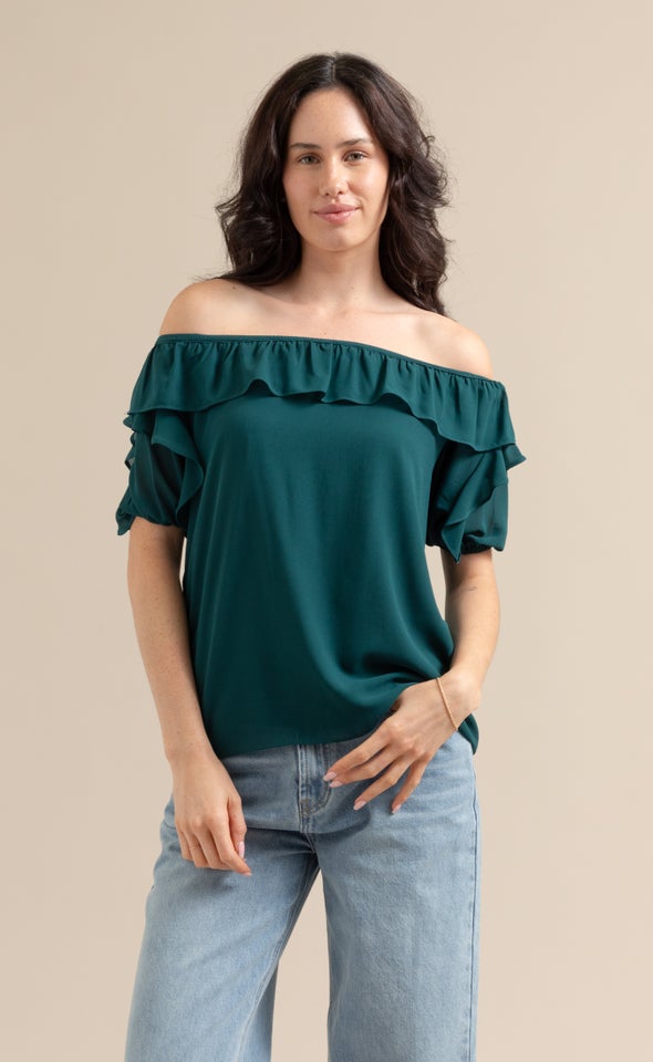 Chiffon Ruffle Off Shoulder SS Top Emerald