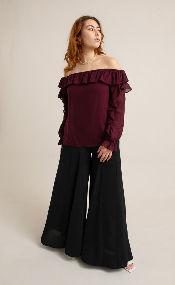 Chiffon Ruffle Off Shoulder Top Aubergine