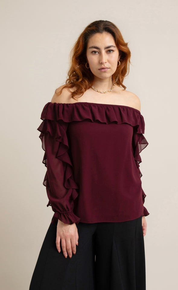 Chiffon Ruffle Off Shoulder Top Aubergine