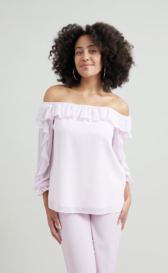 Chiffon Ruffle Off Shoulder Top Baby Pink