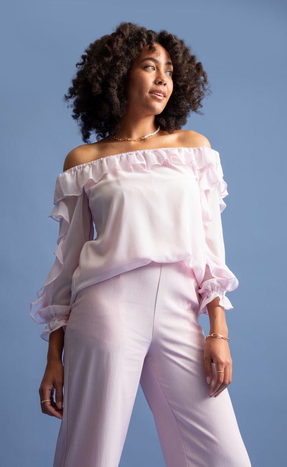 Chiffon Ruffle Off Shoulder Top Baby Pink