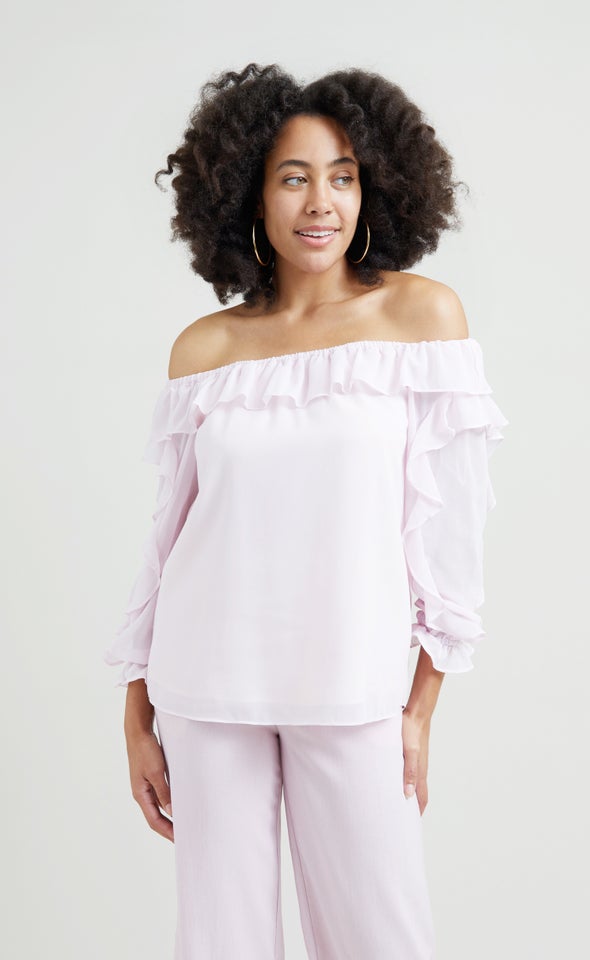 Chiffon Ruffle Off Shoulder Top Baby Pink