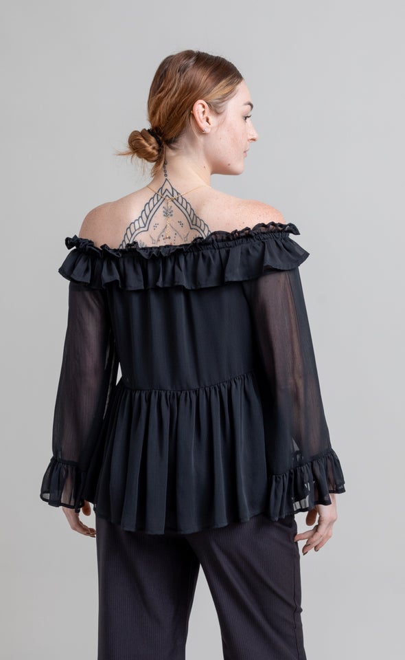 Chiffon Ruffle Off Shoulder Top Black