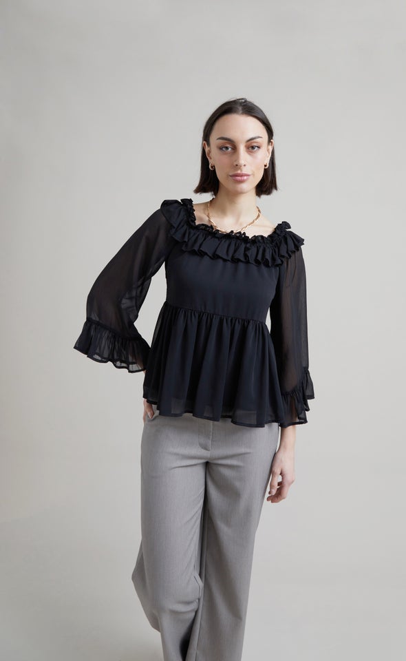 Chiffon Ruffle Off Shoulder Top Black