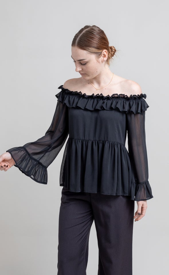 Chiffon Ruffle Off Shoulder Top Black