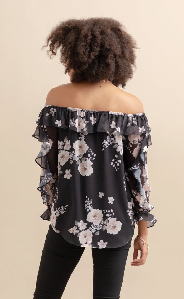 Chiffon Ruffle Off Shoulder Top Black/floral