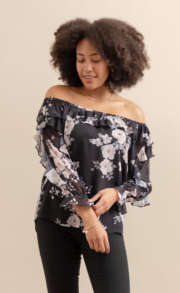 Chiffon Ruffle Off Shoulder Top Black/floral