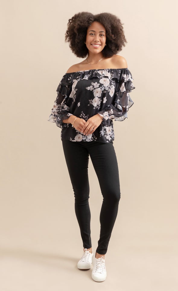 Chiffon Ruffle Off Shoulder Top Black/floral