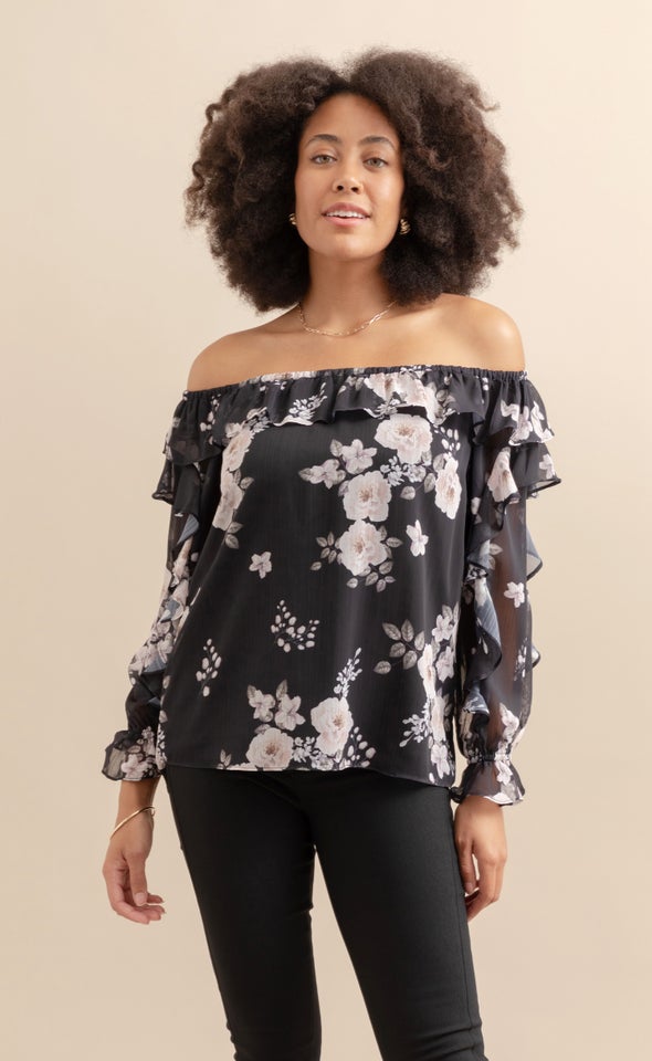 Chiffon Ruffle Off Shoulder Top Black/floral