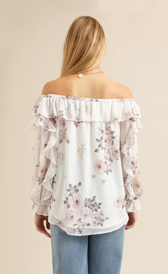 Chiffon Ruffle Off Shoulder Top Cream/floral