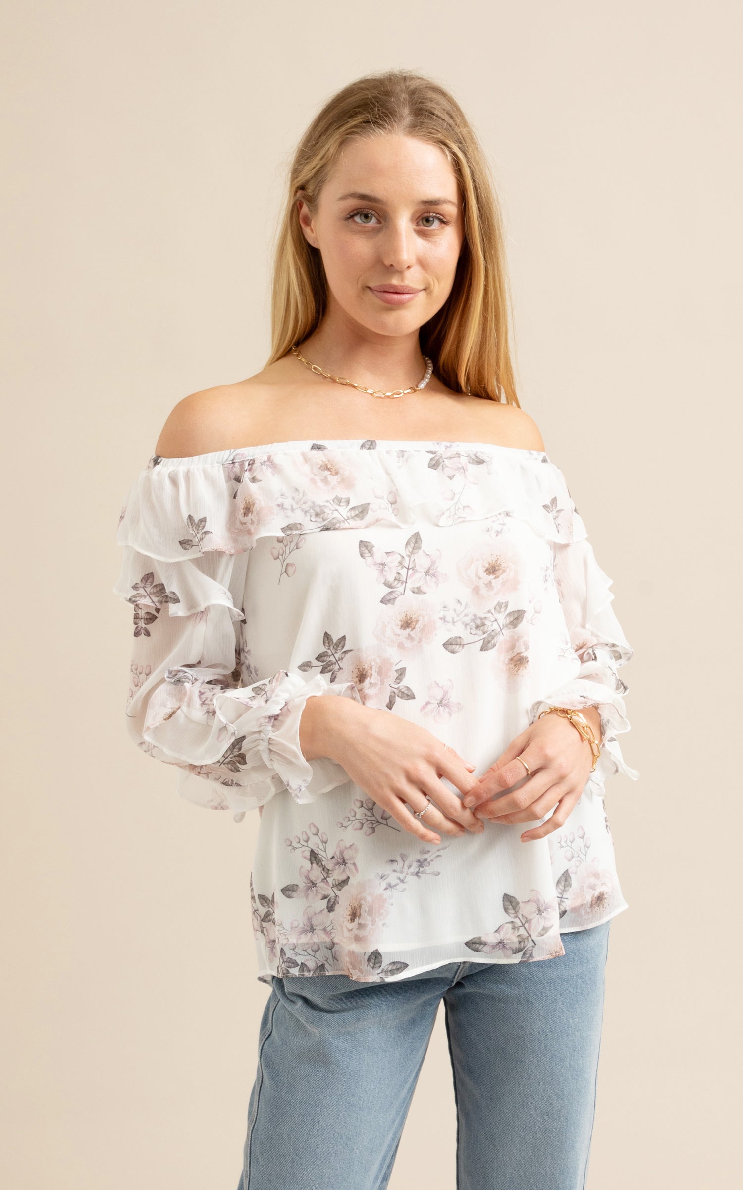 Shop our Chiffon Ruffle Off Shoulder Top in Lemon | Pagani