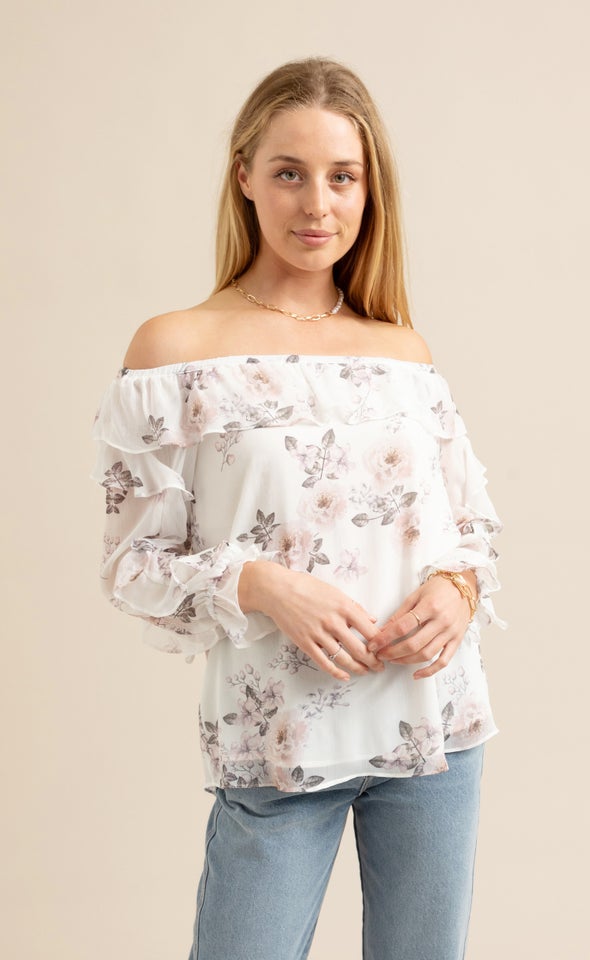 Chiffon Ruffle Off Shoulder Top Cream/floral