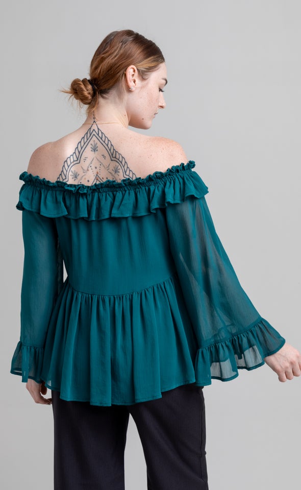 Chiffon Ruffle Off Shoulder Top Emerald