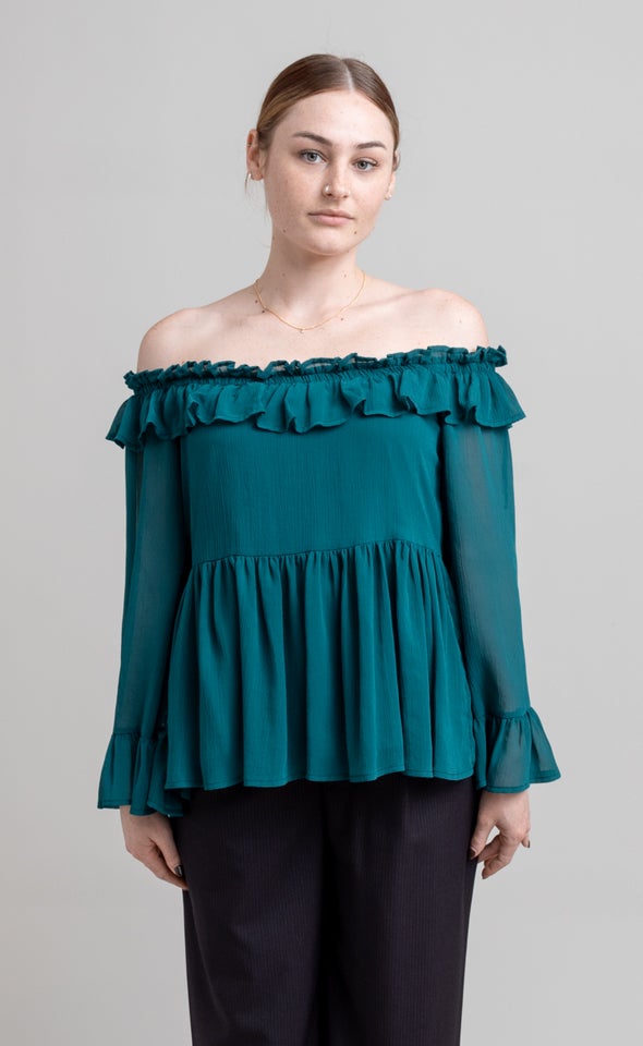 Chiffon Ruffle Off Shoulder Top Emerald