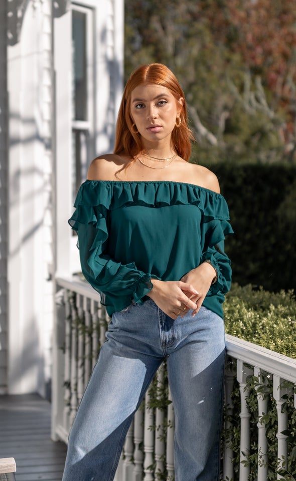 Chiffon Ruffle Off Shoulder Top Emerald