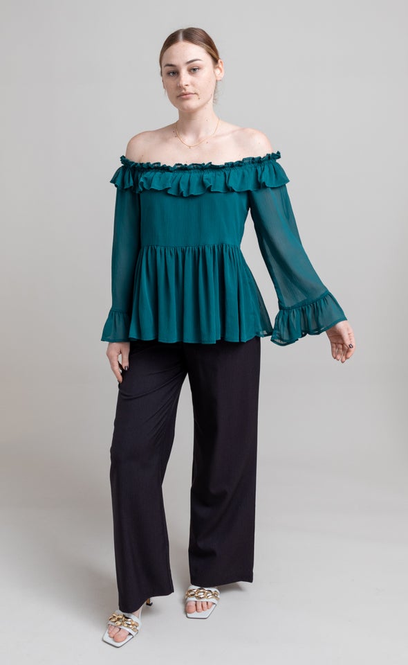 Chiffon Ruffle Off Shoulder Top Emerald