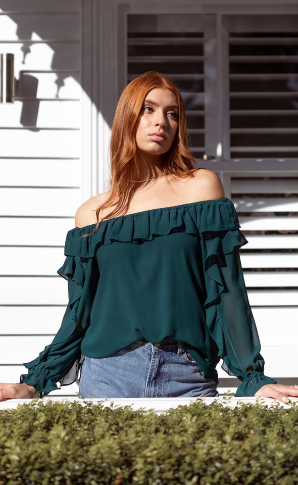 Chiffon Ruffle Off Shoulder Top Emerald